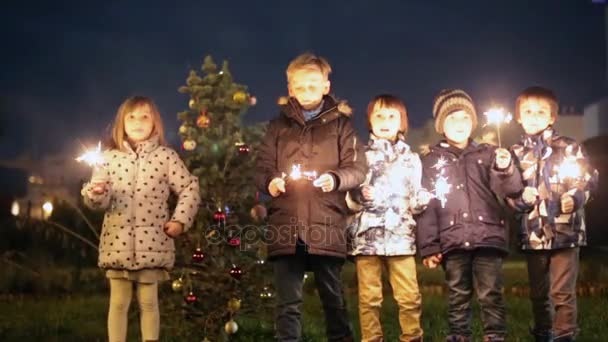 Předškolní Děti Držící Prskavka Slavit Silvestra Venku Ohňostroj — Stock video