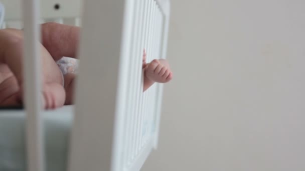 Close Little Baby Boy Toes Fingers Baby Lying Baby Cot — Stock Video