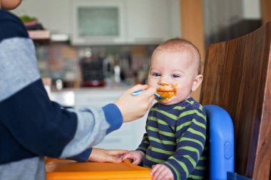 Sevimli okul öncesi çocuk, onun bebek kardeşi püresi sebze ile besleme
