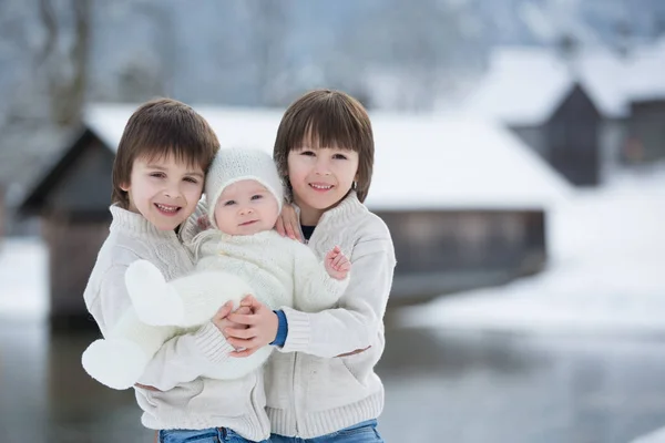 Троє красивих хлопчиків, брати, мають портрет на зимовому сонці — стокове фото