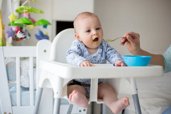 귀여운 작은 아기, 점심, 으깬된 야채를 먹는 엄마 fe — 스톡 사진