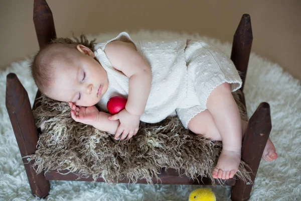 かわいい小さな幼児男の子、カラフルなイースターエッグと眠る — ストック写真