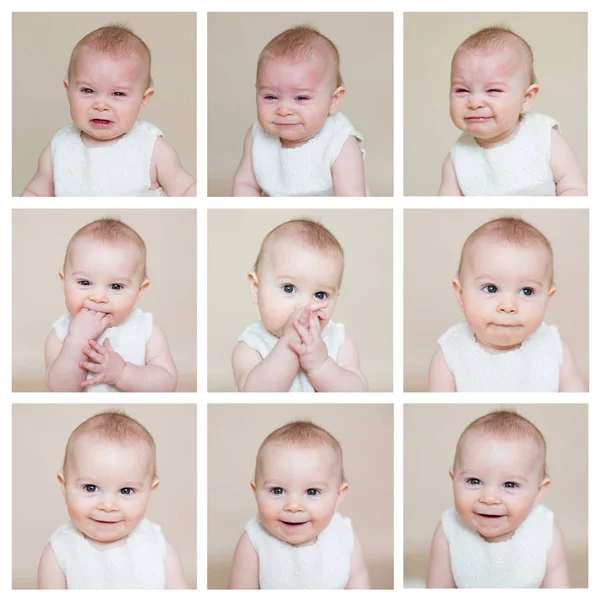 Bonita colagem de um menino pequeno bebê, fazendo rosto diferente — Fotografia de Stock