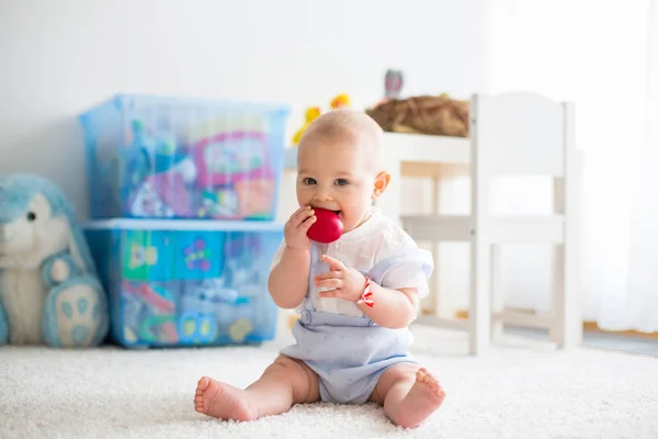 Cute little toddler child, baby boy, in sunny living room playin — Stock Photo, Image