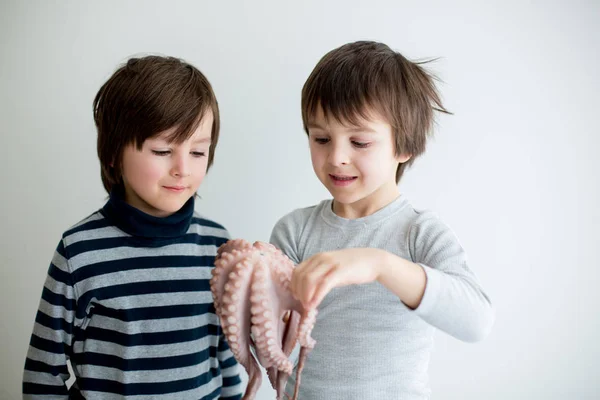 Lindos niños preescolares, hermanos varones, sosteniendo pulpo crudo — Foto de Stock