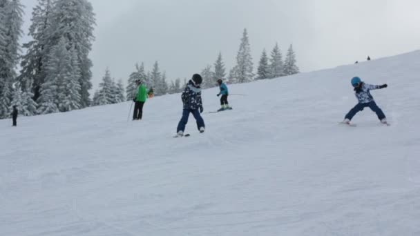 Schattig Kleuters Skiën Het Oostenrijkse Winter Resort Een Heldere Dag — Stockvideo
