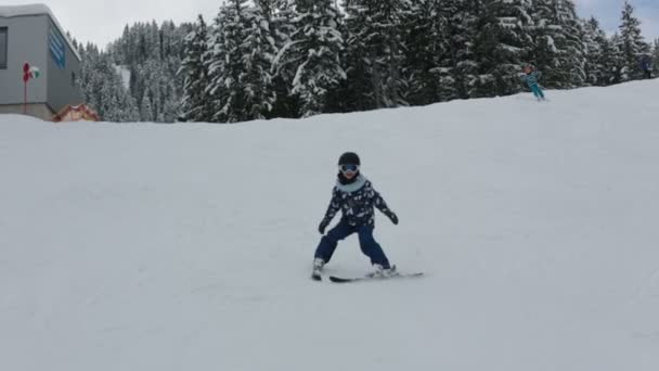 かわいい幼稚園児 冬の晴れた日にオーストリアの冬のリゾート地でスキー — ストック動画