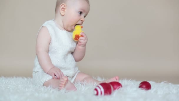 Симпатичный Малыш Малыш Играющий Красочными Пасхальными Яйцами Маленькими Декоративными Утками — стоковое видео