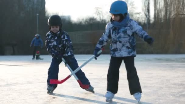 Niños Niños Amigos Hermanos Jugando Hockey Patinaje Parque Lago Congelado — Vídeo de stock