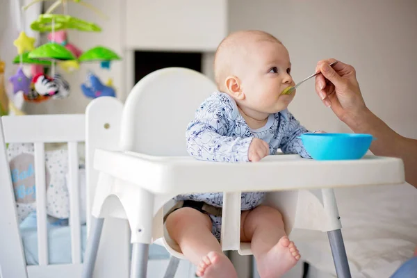 Lindo bebé, comiendo puré de verduras para el almuerzo, mamá fe — Foto de Stock