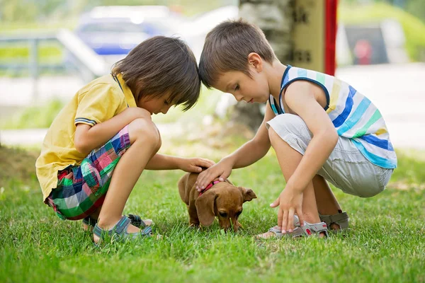 Två vackra förskolebarn, pojke bröder, leker med upplysta — Stockfoto