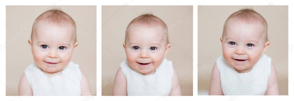 Cute collage of a little toddler baby boy, making different face