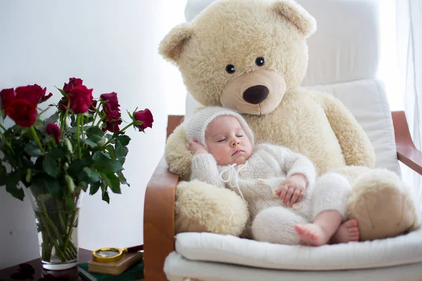 Sladký malý chlapeček, spí s obrovským plyšovým medvědem v velké armc — Stock fotografie