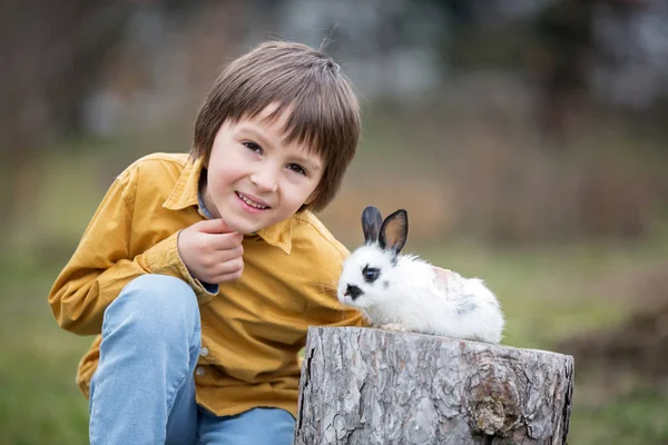 Lindo niño preescolar, jugando con conejos de mascotas en el jardín —  Fotos de Stock