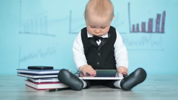 Cute Toddler Boy Dressed Suit Bow Talking Phone Playing Tablet — Stock Video