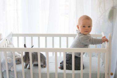 Küçük tavşan beşik ile oynarken gülümseyen yürümeye başlayan çocuk