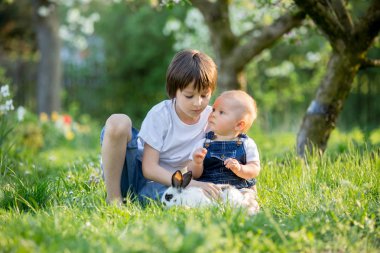 Tatlı toddler bebek çocuk parkta oturan onun küçük tavşan ile s