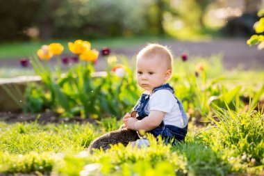 Tatlı toddler bebek çocuk parkta oturan onun küçük tavşan ile s