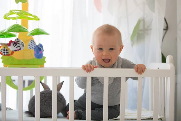 Criança sorridente, brincando com coelhinho no berço — Fotografia de Stock