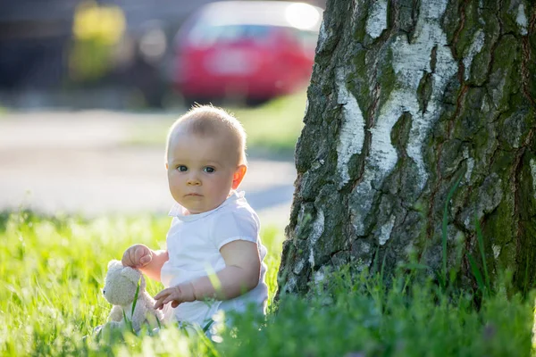 Dolce bambino bambino ragazzo, abbracciando il suo orsacchiotto, seduto sul g — Foto Stock