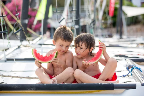 Dos niños pequeños, hermanos varones, comiendo sandía en la playa — Foto de Stock