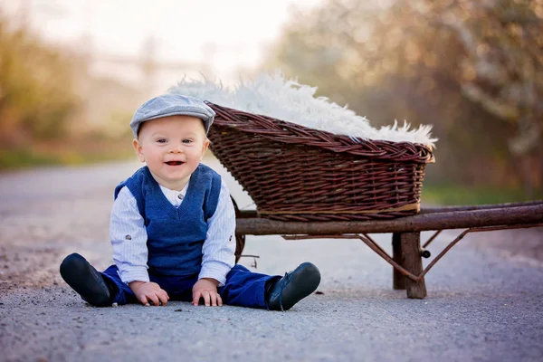Menino adorável criança, criança brincando com coelhinho em um rural — Fotografia de Stock