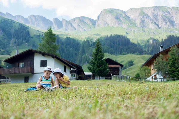 Двое милых детей, читают книгу на лужайке в швейцарских Альпах — стоковое фото
