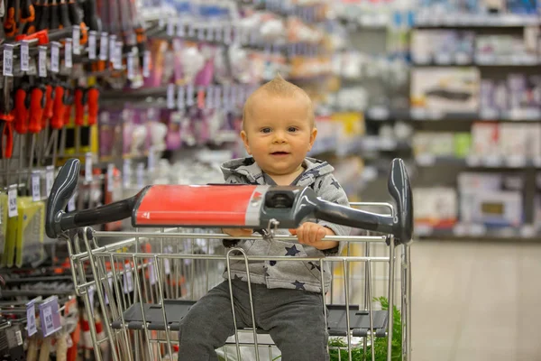 Kleinkind Baby Junge, sitzt in einem Einkaufswagen in Lebensmittelgeschäft, s — Stockfoto