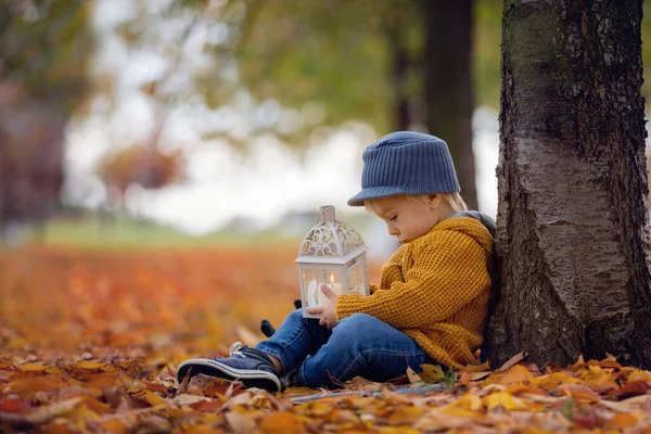 Beautiful fashion toddler boy, sitting in park with lantern in h — Stock Photo, Image