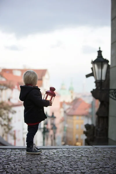 Krásné batole dítě s lucernou a medvídkem, ležérně dr — Stock fotografie