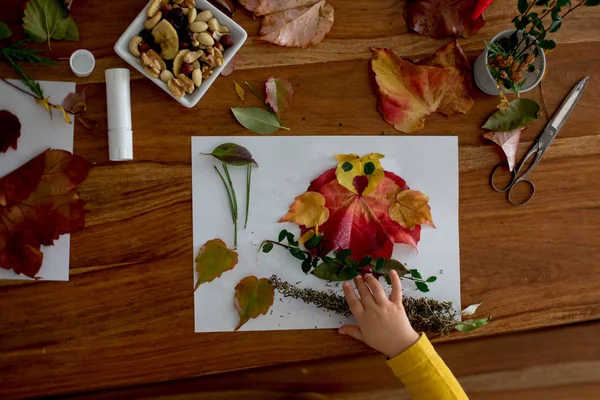 Tatlı çocuk, küçük çocuk, Yaprakları yapıştırıcı kullanıyor. — Stok fotoğraf