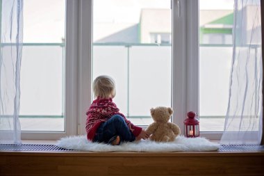 Tatlı sarışın çocuk, çocuk, pencerenin camında Teddy Bea ile oturuyor.