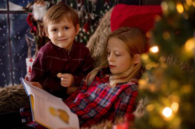 Şirin erkek ve kız kardeşler Noel ağacının etrafında oturmuş,