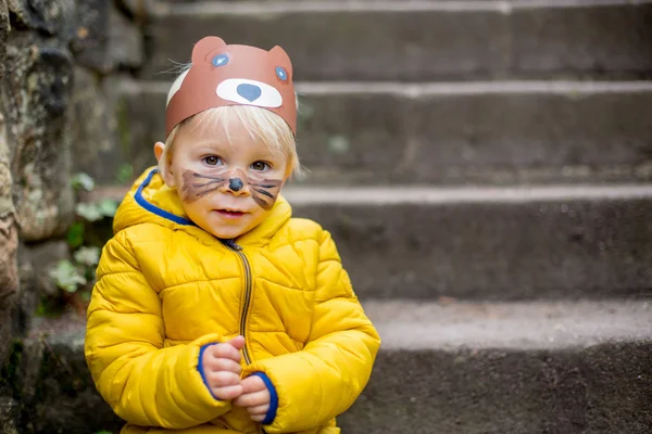 Adorable niño rubio con máscara de oso y cara pintada —  Fotos de Stock