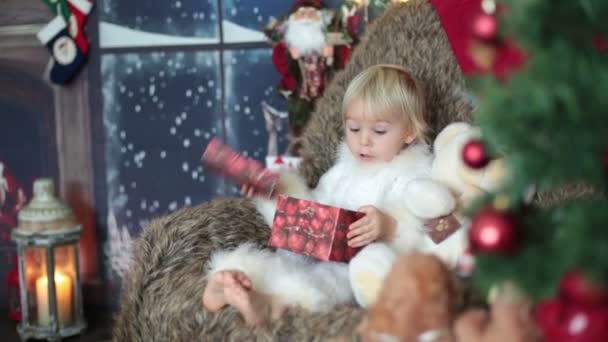 Enfant Blond Bas Âge Garçon Lisant Livre Maison Assis Dans — Video