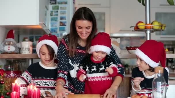 Happy Children Boy Brothers Mother Baking Christmas Cookies Home Having — Stock Video