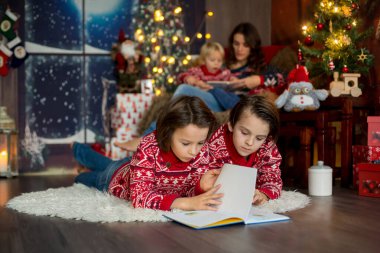 Mutlu gülümseyen bir aile, anne, baba ve üç erkek çocuk.