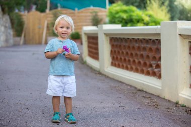 Elinde çiçek, ayakta duran küçük bir çocuğun güzel portresi.