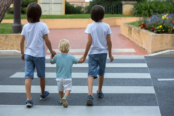 Drei Kinder, Jungen, Brüder, Händchen haltend und eine Straße überquerend — Stockfoto