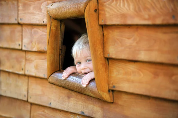 Цікава дитина, хлопчик-малюк, дивиться з маленького вікна в вулик — стокове фото