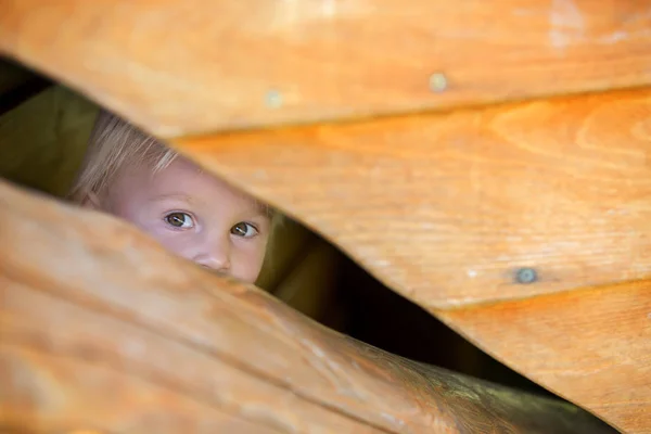 Enfant curieux, tout-petit garçon, regardant par une petite fenêtre en bois — Photo