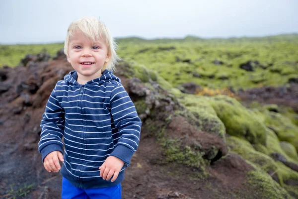 Lächelndes Kleinkind, Junge, posiert vor schönen wolligen m — Stockfoto