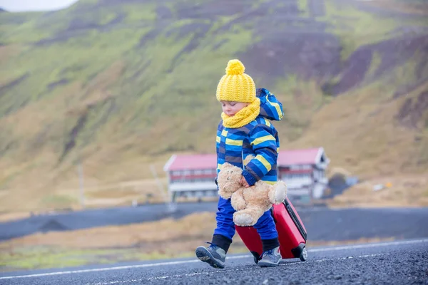 Cute toddler child, boy with teddy bear and suitcase in hand, ru — Stok fotoğraf