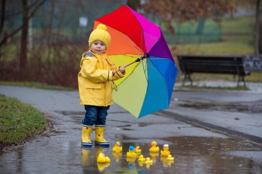 Beautiful funny blonde toddler boy with rubber ducks and colorfu