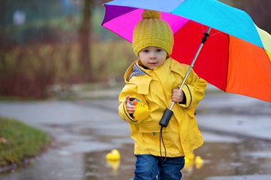 Beautiful funny blonde toddler boy with rubber ducks and colorfu