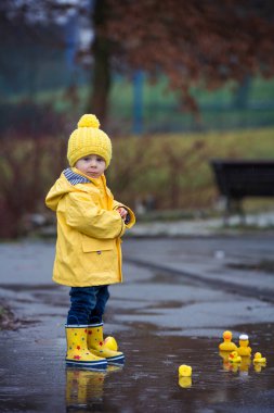 Beautiful funny blonde toddler boy with rubber ducks and colorfu
