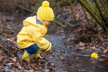 Beautiful funny blonde toddler boy with rubber ducks and colorfu