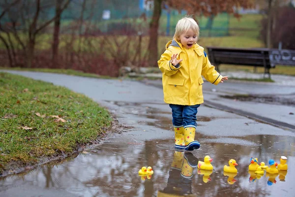 Beautiful funny blonde toddler boy with rubber ducks and colorfu — Stock Photo, Image