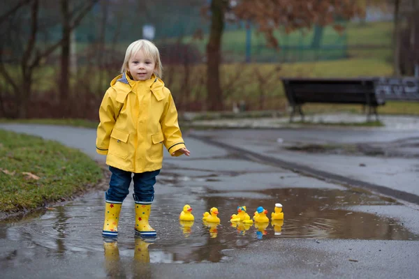 Beautiful funny blonde toddler boy with rubber ducks and colorfu — Stock Photo, Image