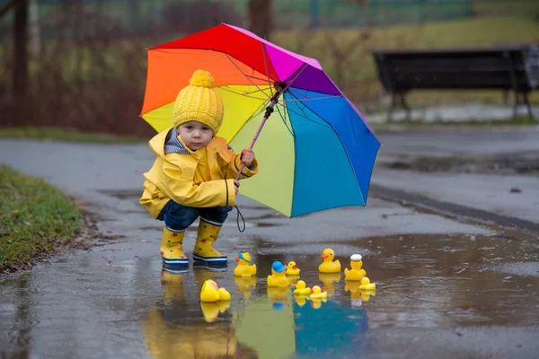 Beautiful funny blonde toddler boy with rubber ducks and colorfu — Stockfoto